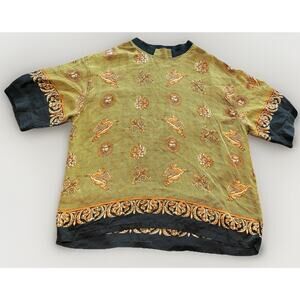 Creme De Silk Shirt Men 100% Silk Pegasus Lion Heads Print Button Up Sz 2X